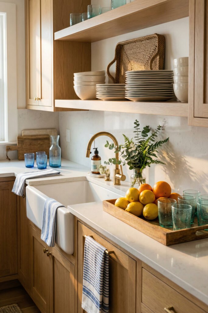 Coastal Summer Aesthetic Ideas for a Breezy Apartment 21 Warm wood kitchen with farmhouse sink, brass faucet, blue striped towels, citrus tray, and open shelving in a coastal summer aesthetic.