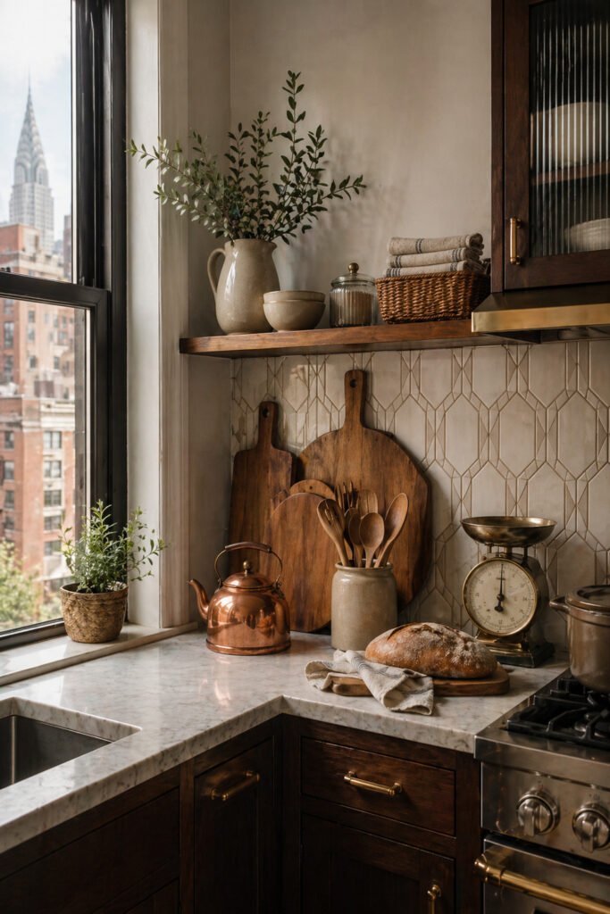 City apartment kitchen with marble counter, dark wood cabinets, brass scale, copper kettle, open shelf, and decor ideas with personality

