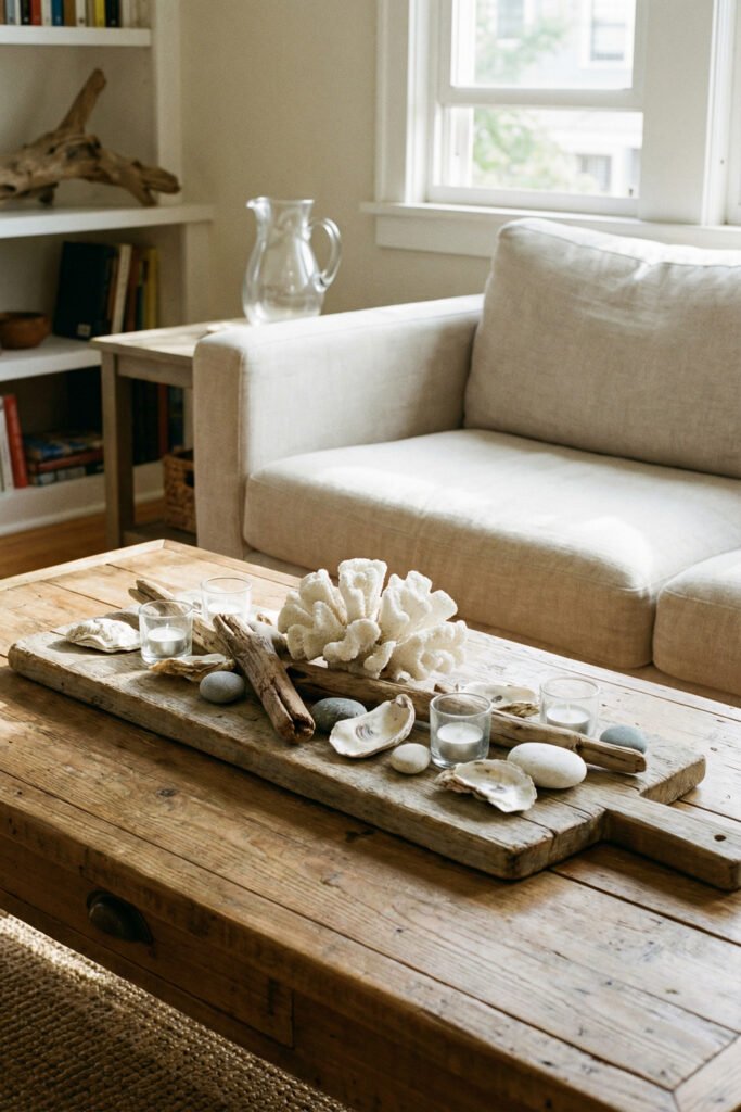 Diy Beach Decor That Feels Fresh for Summer 27 Driftwood board styled with coral, shells, stones, and candles on a coffee table, understated DIY beach decor for summer.
