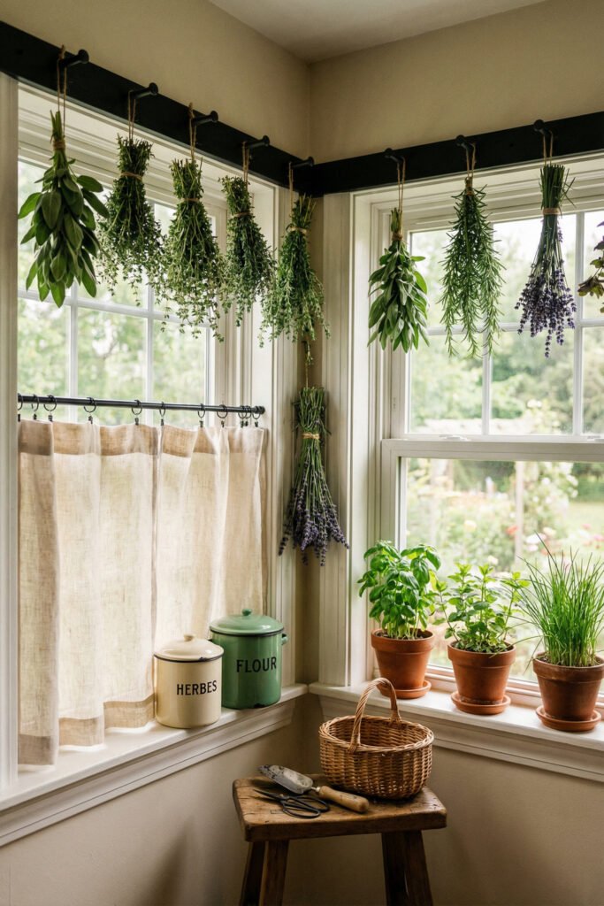 Corner window with dried lavender and herb bundles, linen café curtains, potted herbs, enamel canisters, and garden tools in farmhouse summer decor.
