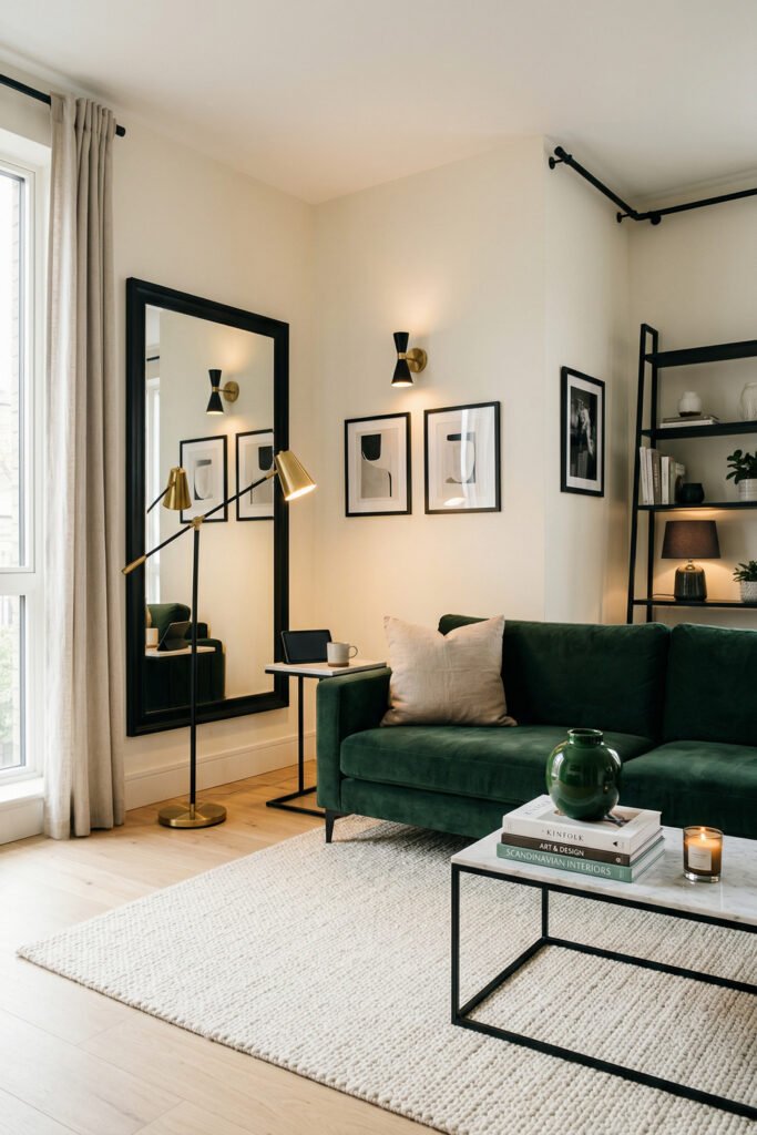 Green And Gold Room Ideas For A Stylish Living Room 28 Deep green sofa with black framed mirror, brass floor lamp, marble coffee table, and cream rug in a sleek modern living room.