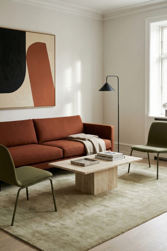 Minimal Green And Rust Living Room featuring a rust sofa, olive chairs, black floor lamp, abstract wall art, and a stone coffee table on a pale green rug.
