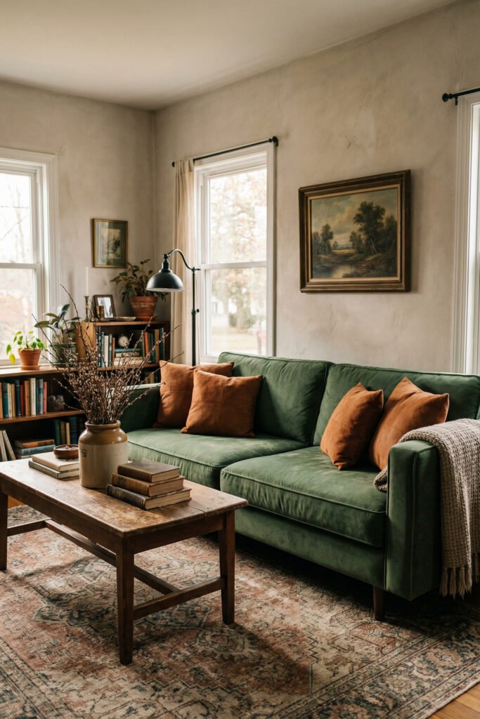 Green Burnt Orange Living Room Ideas With Rich, Easy Style 26 Green sofa with burnt orange pillows, vintage rug, wood coffee table, bookshelves and framed landscape art in a cozy living room