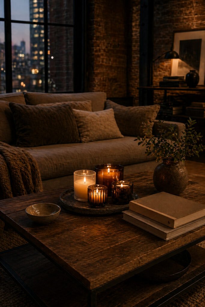 Moody loft living room with candle cluster on rustic coffee table, exposed brick, city windows, and warm cozy room lighting.
