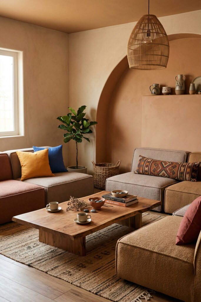Curved arch backdrop, modular seating, woven pendant, warm plaster walls, and a chunky wood coffee table in a cozy Nubian Style living room.
