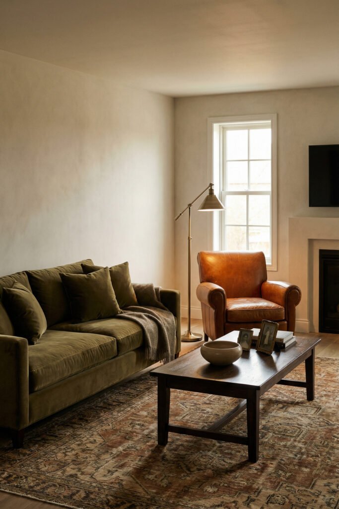 Olive Green Decor Ideas For A Layered Living Room 26 Moody living room with an olive sofa, leather chair, brass lamp, dark wood coffee table, and vintage rug.