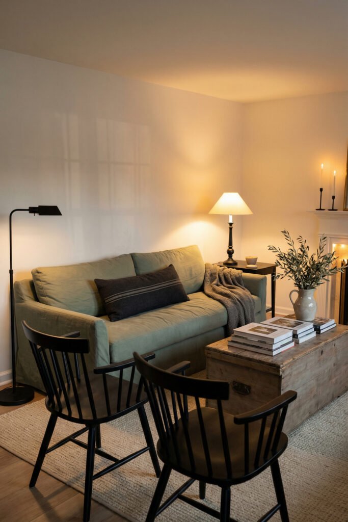 Sage Green And Black Living Room Ideas for a Layered Look 22 Moody cottage living room with sage sofa, black chairs, black floor lamp, rustic trunk table, and fireplace glow in a soft layered palette.