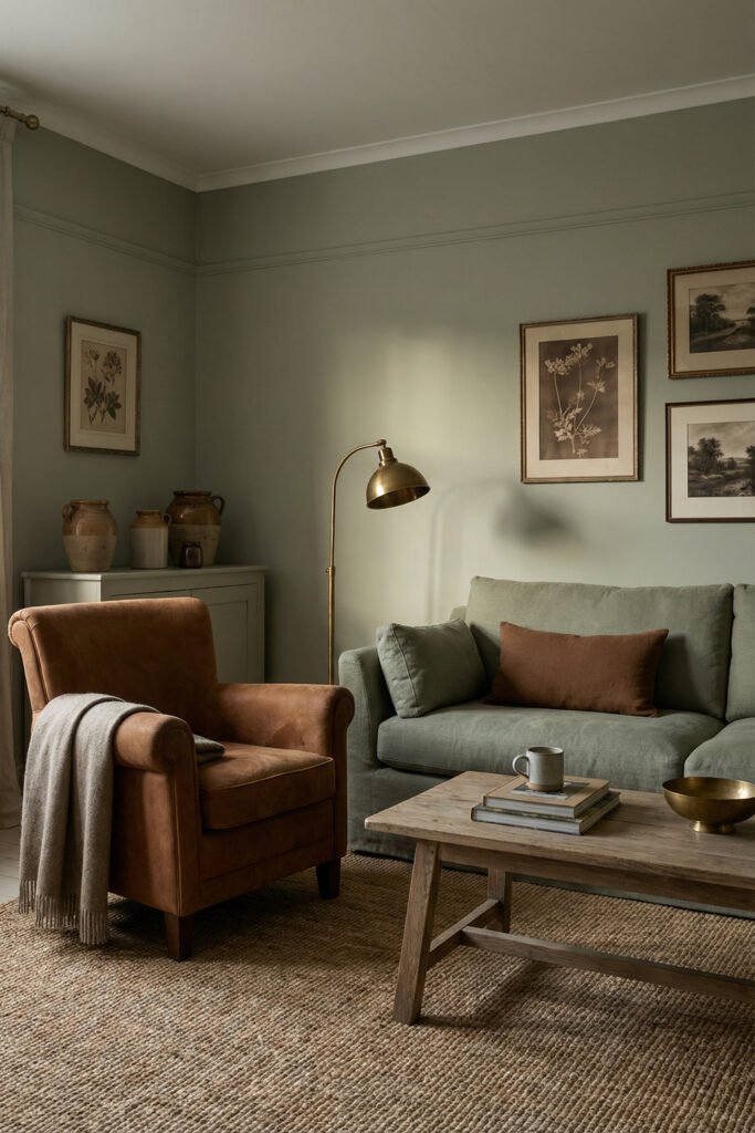 Sage Green Lounge Ideas for a Calm, Collected Living Room 28 Cozy sage green lounge with soft sofa, caramel leather armchair, brass floor lamp, rustic wood coffee table, and vintage-style wall art.