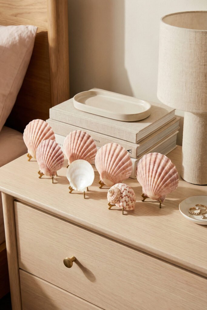 Scallop shells and one spiral shell propped on brass stands atop a nightstand with books, lamp, and jewelry dish in a pretty seashell display.
