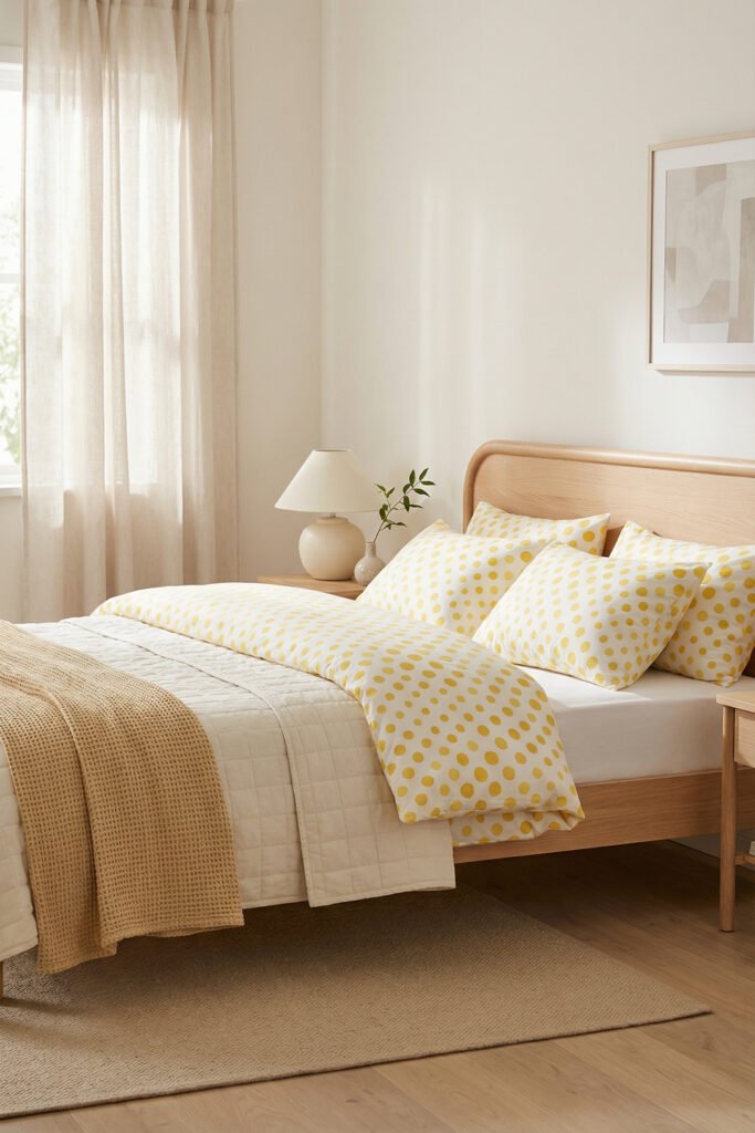 Spring Bedding Ideas for a Lighter, Fresher Bedroom 19 Light wood bedroom with yellow polka dot bedding, cream layers, and warm neutrals for fun, modern spring bedding style.