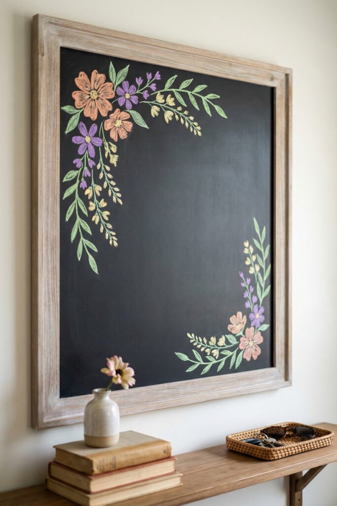 Spring Chalkboard Ideas That Feel Fresh and Easy to Style 18 Framed chalkboard with soft floral corner borders and open center space above a shelf with books, vase, tray, and sunglasses; versatile spring chalkboard ideas.