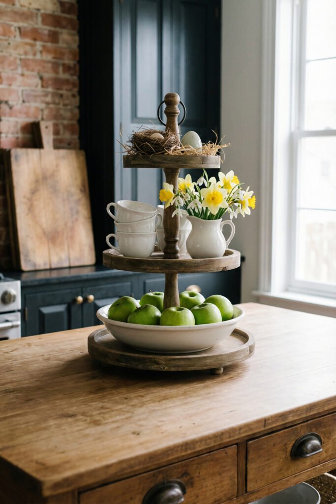 Wooden three-tier tray on a rustic counter with daffodils, white cups, green apples, and eggs in a moody kitchen for charming spring kitchen décor
