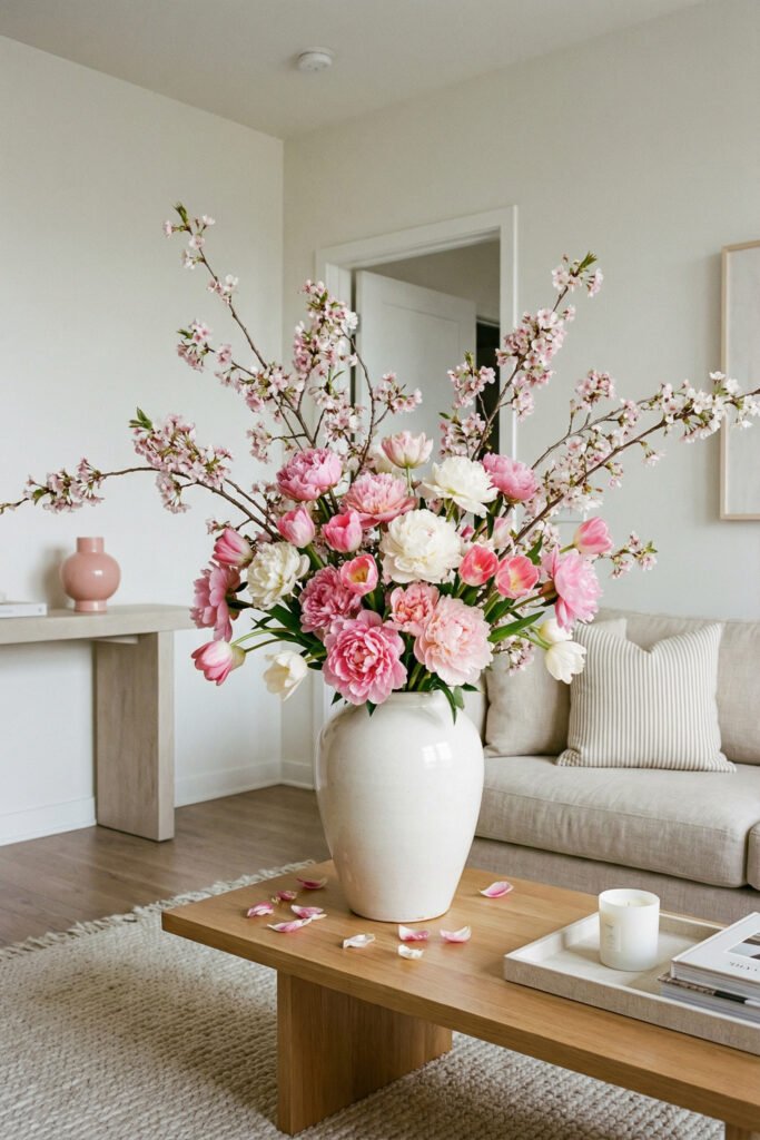 Oversized vase filled with pink tulips, peonies, and blossoming branches on a wood coffee table in a bright neutral spring living room.
