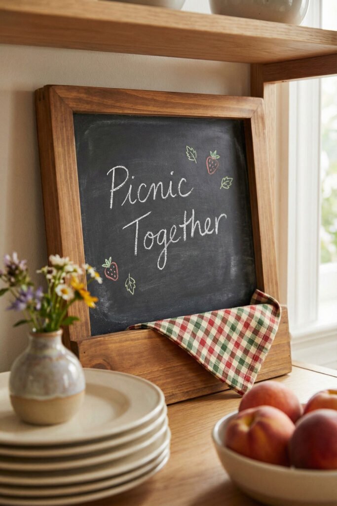 Summer Chalkboard Ideas That Brighten Every Corner 24 Rustic tabletop chalkboard reading Picnic Together with small strawberry drawings and gingham cloth near stacked plates and peaches.