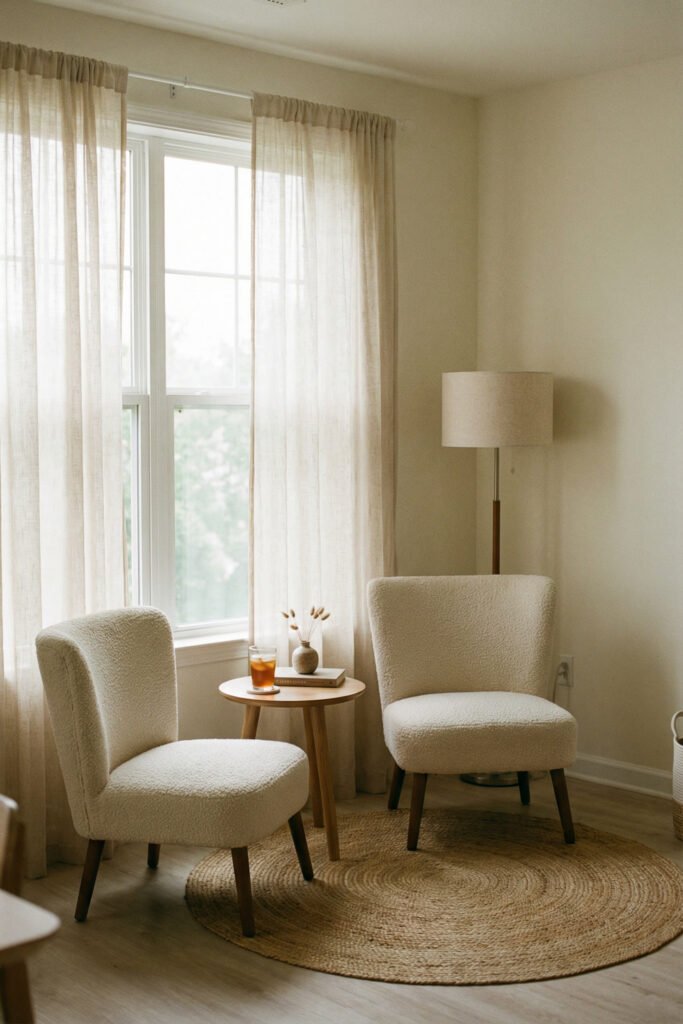 Two ivory accent chairs and a small round table on a jute rug, styled as a cozy conversation corner for summer living room decor.
