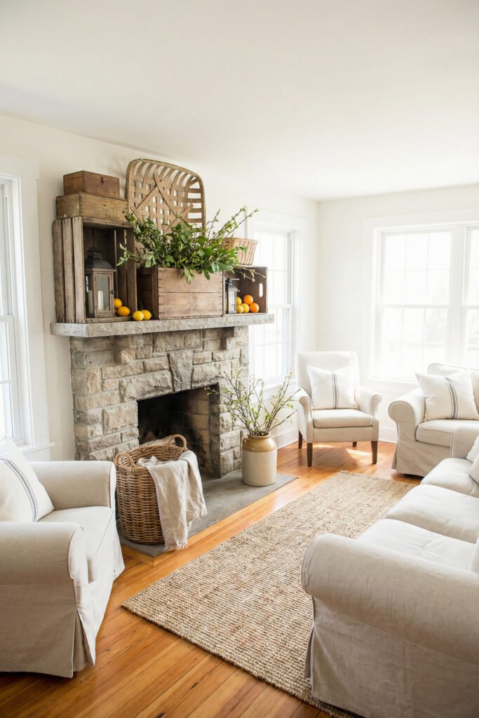 Stone fireplace styled with stacked crates, woven baskets, greenery, citrus, and a lantern for rustic cottage summer mantle décor.
