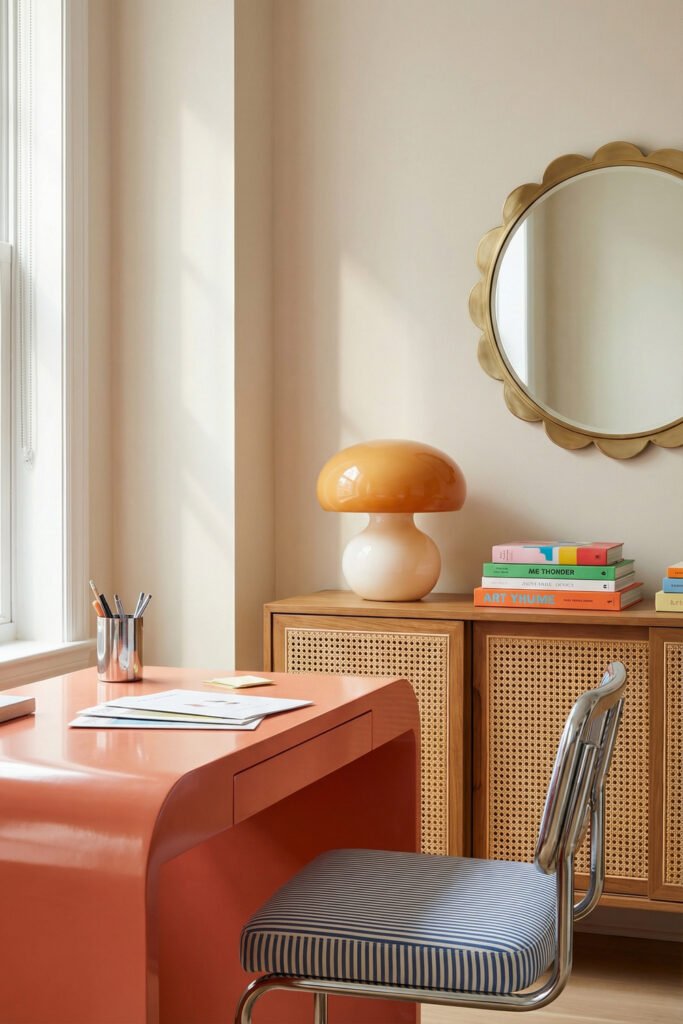 Curved coral desk, blue striped chair, cane cabinet, mushroom lamp, and gold mirror in bold Summer Office Decor.
