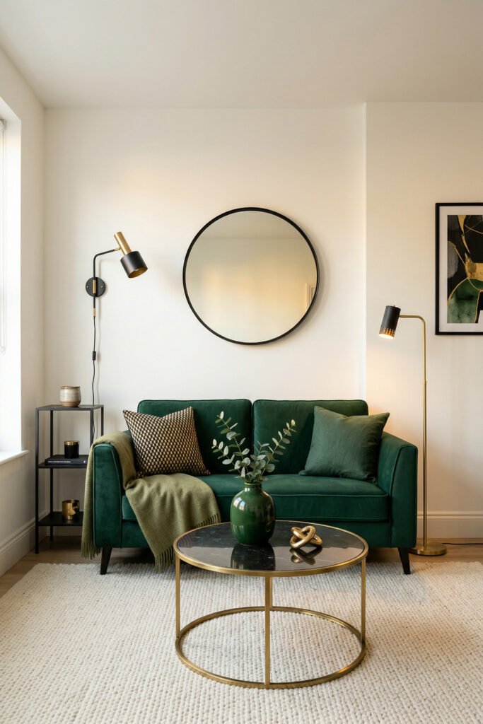 Green And Gold Room Ideas For A Stylish Living Room 29 Emerald loveseat with black round mirror, brass lighting, black side table, and black marble coffee table in a minimal living room.