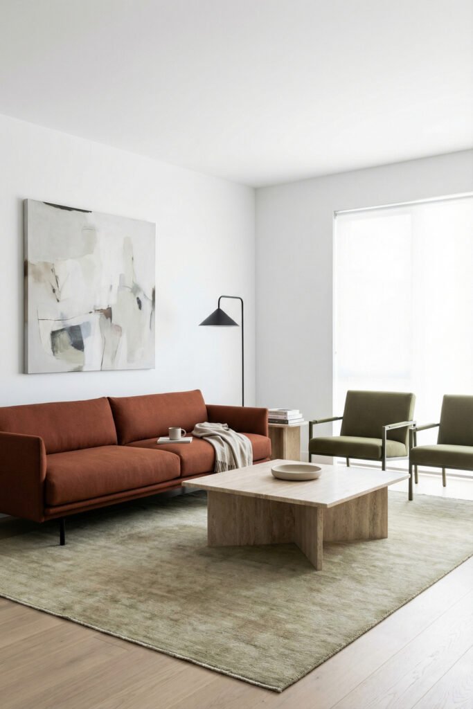 Contemporary Green And Rust Living Room with a rust sofa, olive accent chairs, light wood coffee table, black lamp, and soft neutral abstract art.
