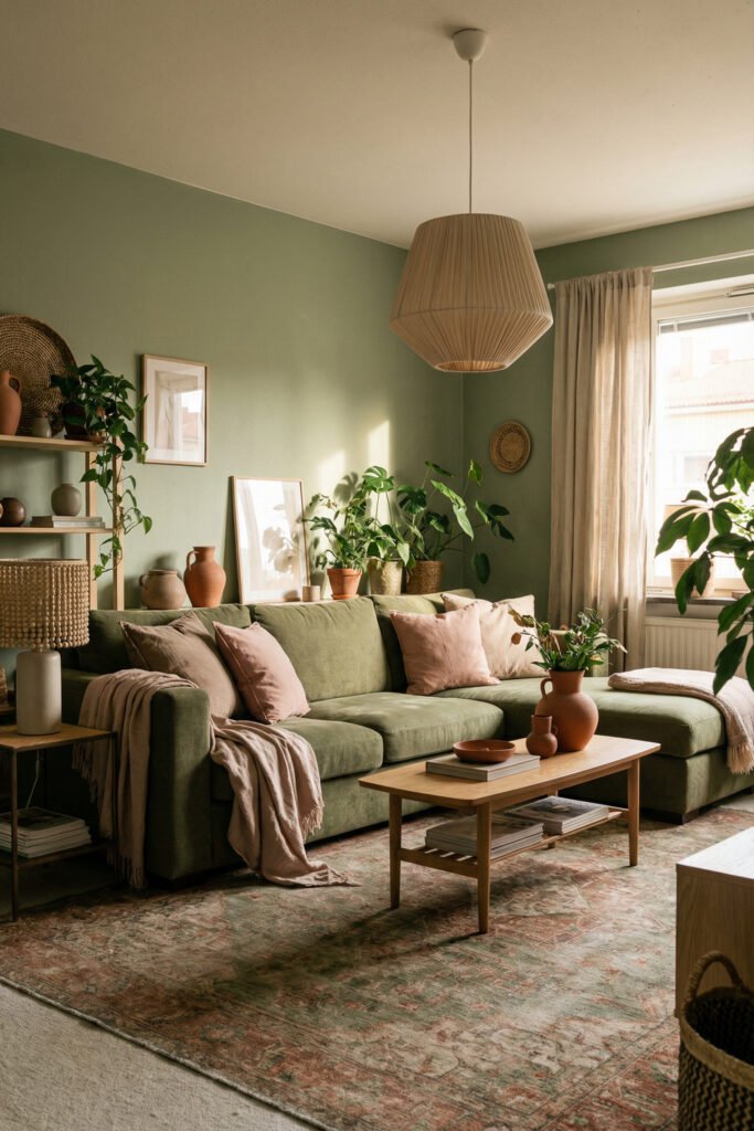 Green Boho Living Room Ideas With Relaxed Style 28 Relaxed Green Boho Living Room with sectional sofa, blush pillows, warm plants, wall shelves, soft drapery, and a vintage-style rug.
