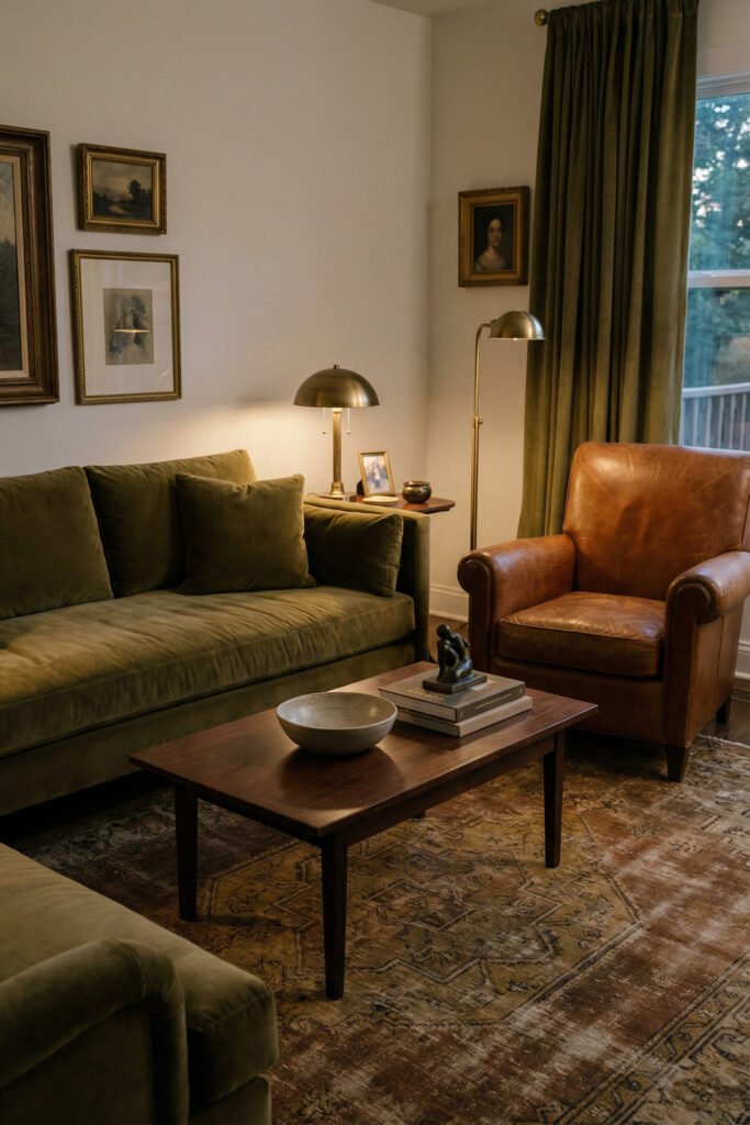 Olive Green Decor Ideas For A Layered Living Room 27 Evening living room with an olive sofa, tan leather chair, brass table lamp, and dark drapes over a vintage rug.
