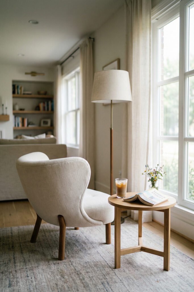 Curved ivory chair by the window with a round side table, iced coffee, and soft drapes in a quiet summer living room nook.
