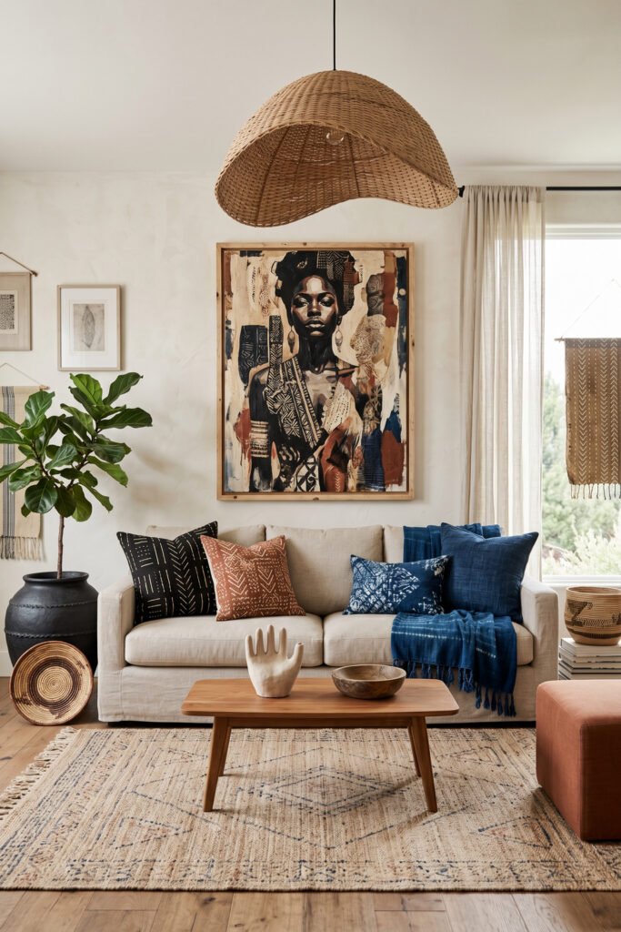 Afro Boho living room with a large mixed-media portrait above a beige sofa, blue and rust pillows, woven pendant, pottery, and patterned rug

