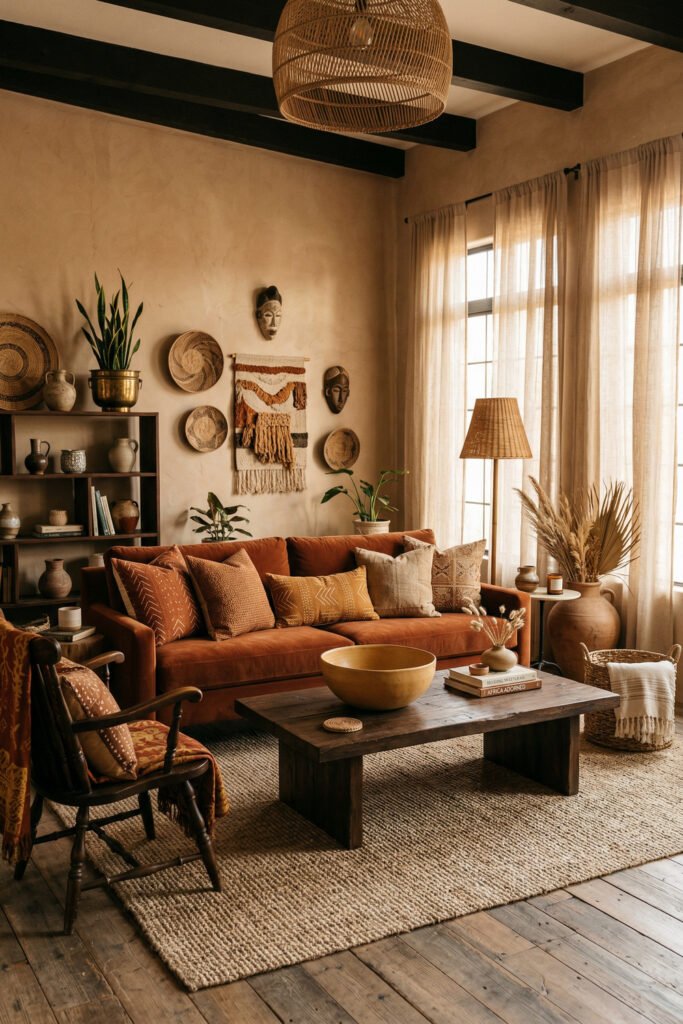 Moody rust-toned living room with leather sofa, woven wall baskets, masks, macrame textile, jute rug, and dark wood table in Afro Boho Decor style.
