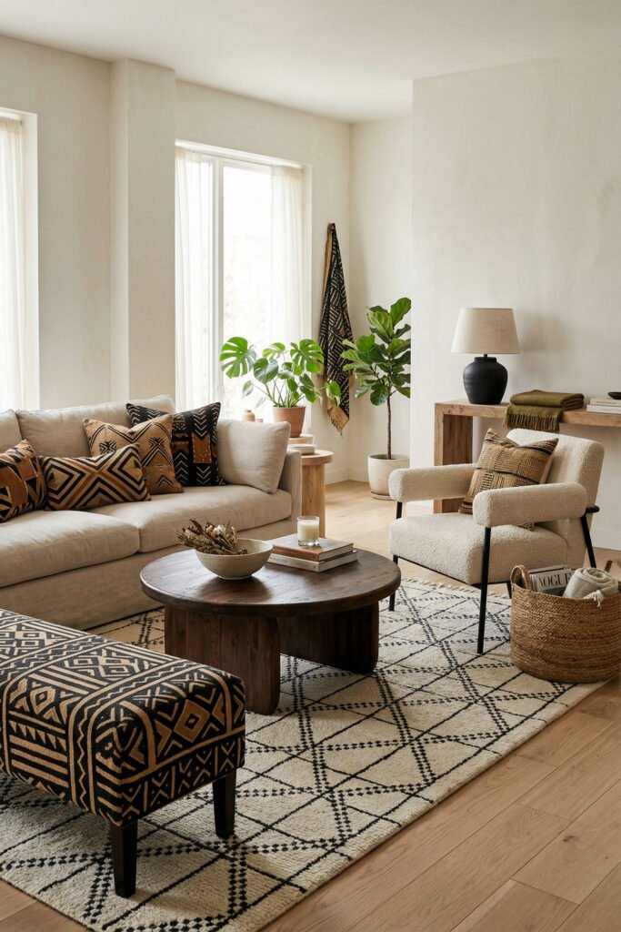 Cozy living room with Afro Cultural Patterns on pillows and ottoman, cream chair, round wood coffee table, grid rug, and soft neutral walls.
