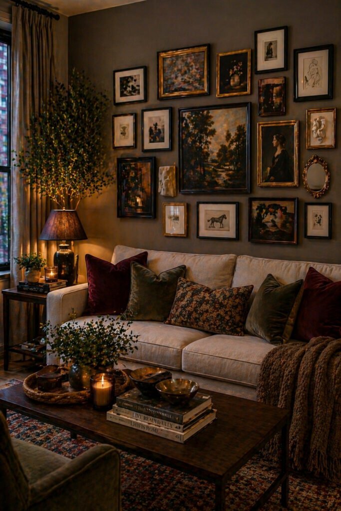 Moody living room with gallery wall, neutral sofa, velvet pillows, candles, plants, and apartment vibes decor ideas
