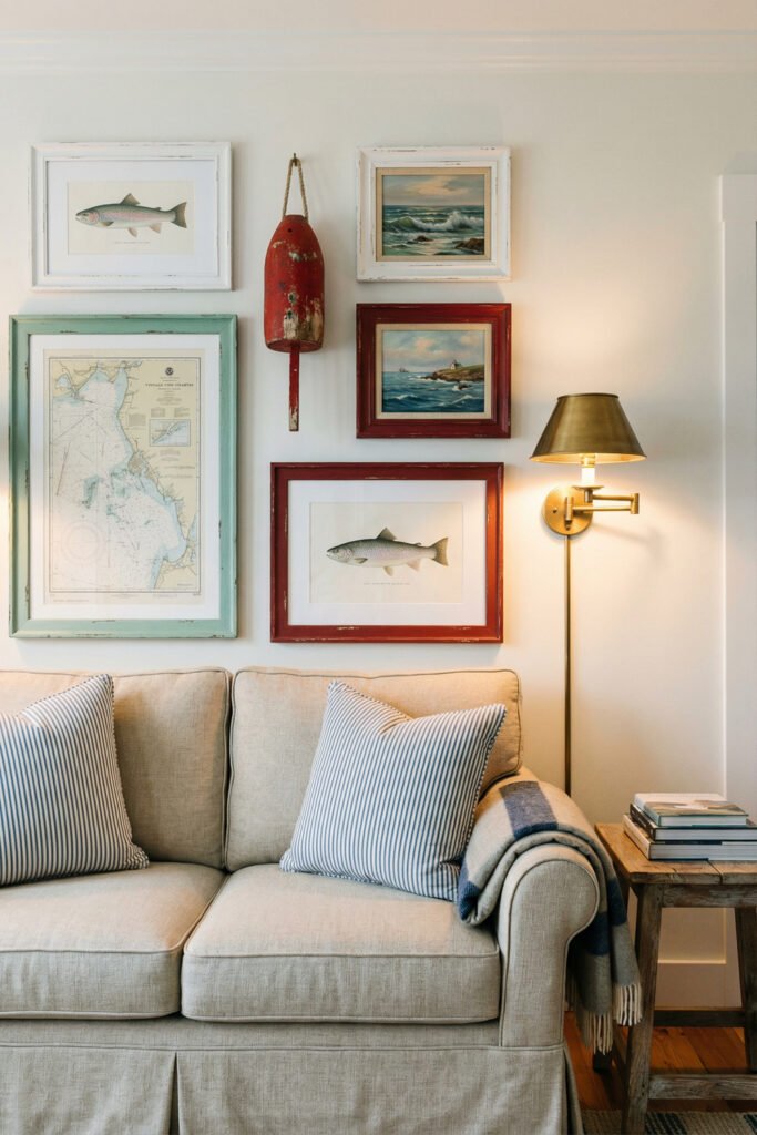 Beach Cottage Decor That Feels Fresh for Summer 20 Living room sofa with striped pillows, brass sconce, vintage buoy, fish prints, and nautical gallery wall in beach cottage decor.