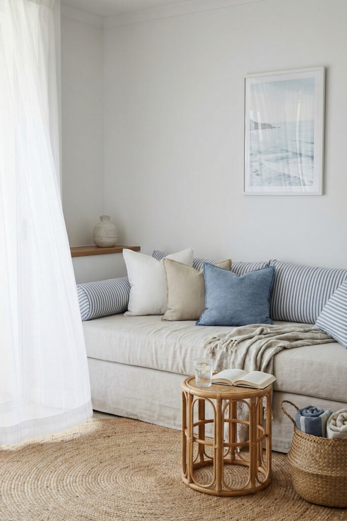 Coastal Summer Aesthetic Ideas for a Breezy Apartment 22 Soft sitting nook with striped bolster cushions, blue pillows, sheer curtains, rattan stool, and woven rug in a relaxed coastal summer aesthetic.