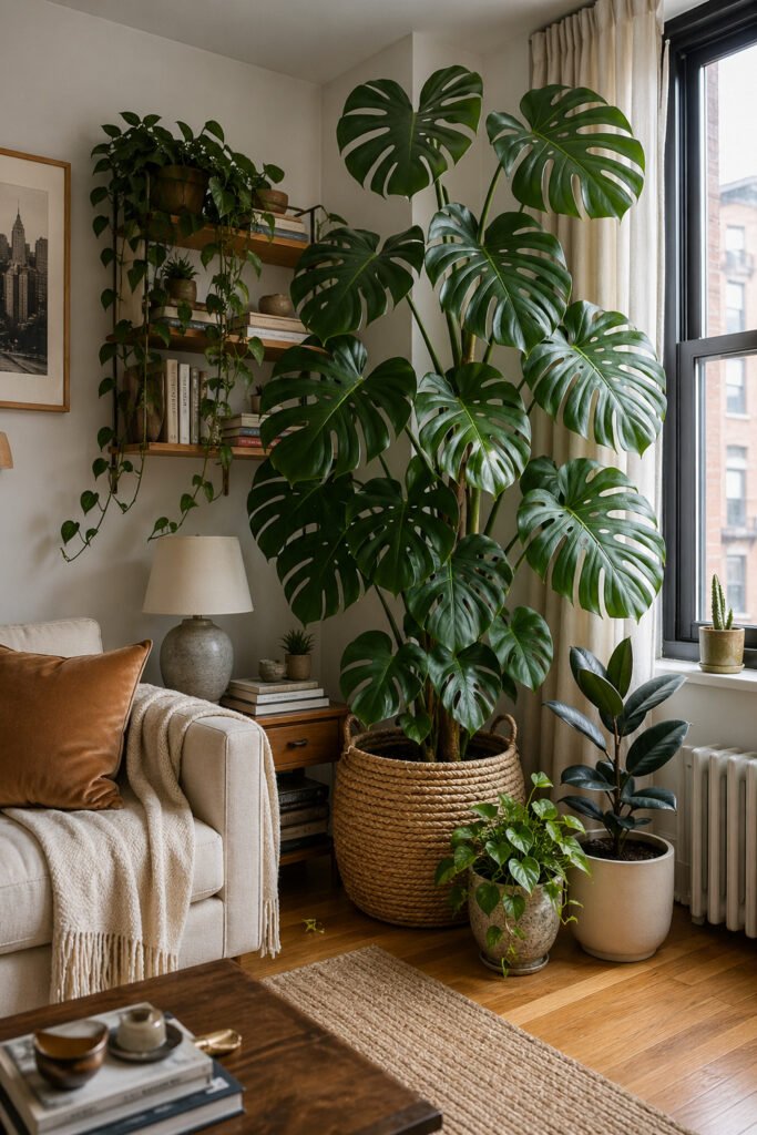 Plant-filled apartment corner with large monstera, woven basket planter, cream sofa, floating shelves, and decor ideas with personality
