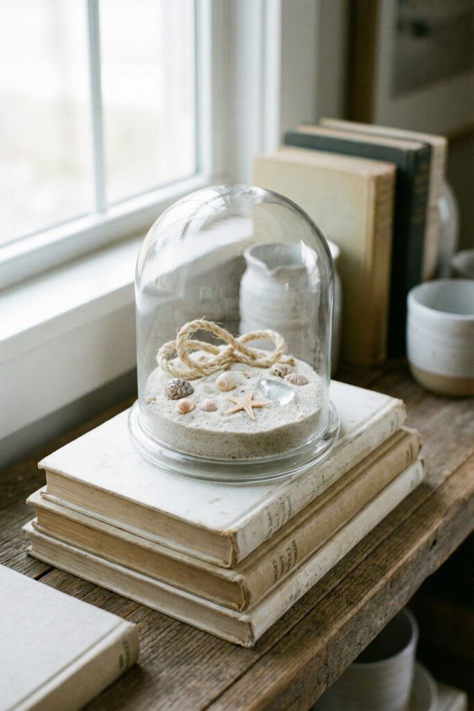 Diy Beach Decor That Feels Fresh for Summer 28 Glass cloche filled with sand, rope, shells, starfish, and sea glass on stacked vintage books, charming DIY beach decor.