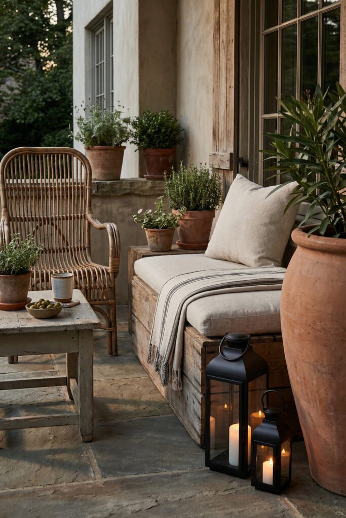 Stone patio with rustic wood seating, wicker chair, terracotta pots, linen cushions, and black lanterns styled for farmhouse summer decor.
