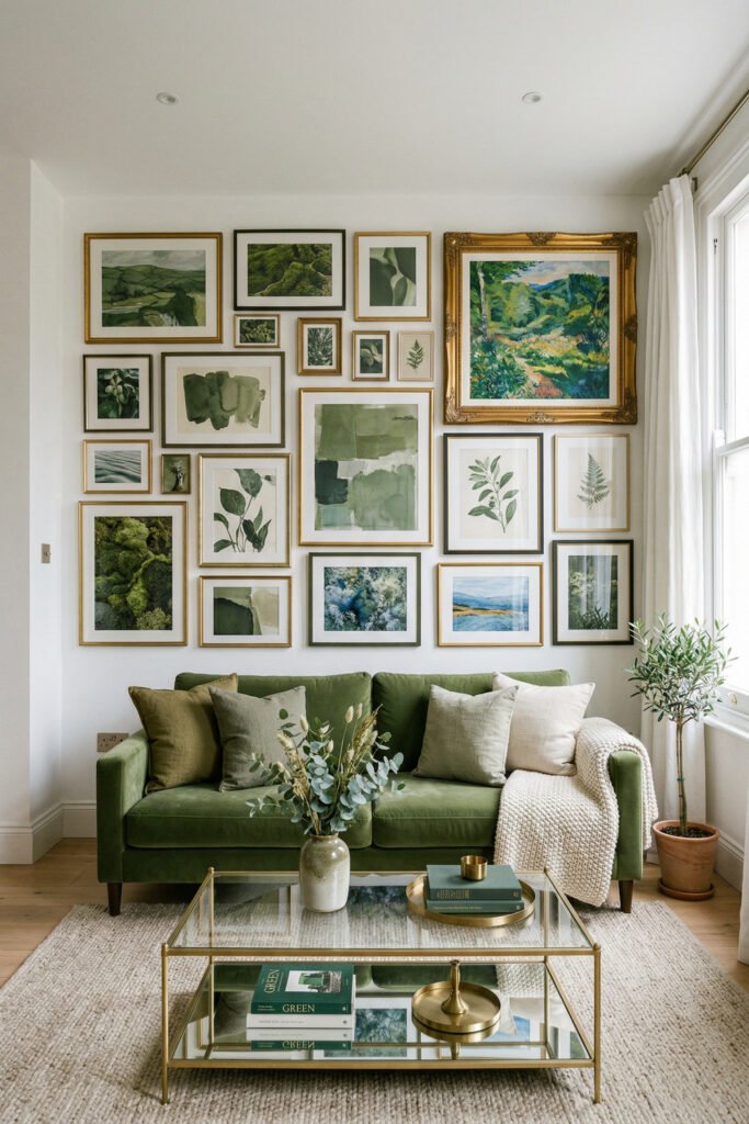 Green And Gold Room Ideas For A Stylish Living Room 30 Olive green sofa with glass coffee table, layered green gallery wall, cream rug, and gold frames in a bright curated living room.