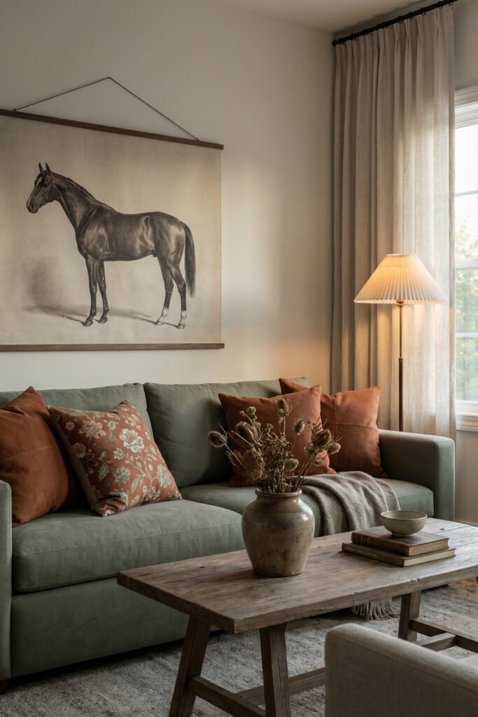 Rustic Green And Rust Living Room with a soft green sofa, rust pillows, horse wall art, wood coffee table, pleated lamp, and warm neutral drapes.
