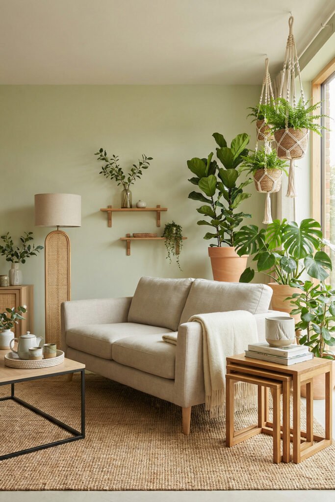 Green Boho Living Room Ideas With Relaxed Style 29 Light Green Boho Living Room with beige sofa, hanging macrame planters, cane floor lamp, layered wood tables, jute rug, and lush houseplants.