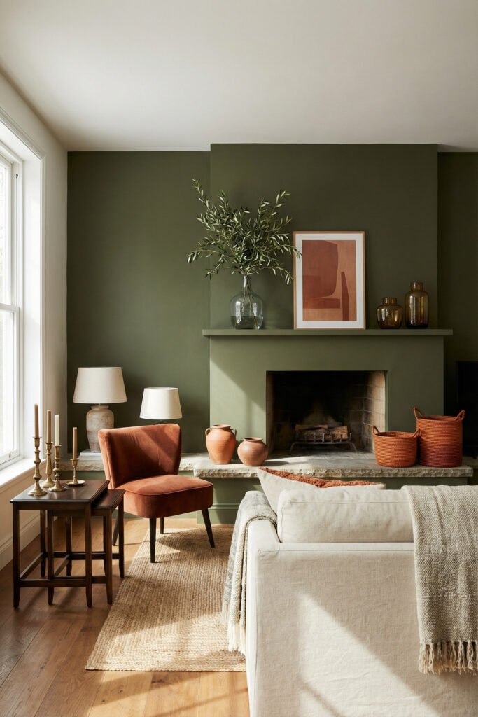 Green Burnt Orange Living Room Ideas With Rich, Easy Style 27 Olive green fireplace wall with burnt orange chair, cream sofa, woven rug and terracotta decor in a modern Green Burnt Orange Living Room