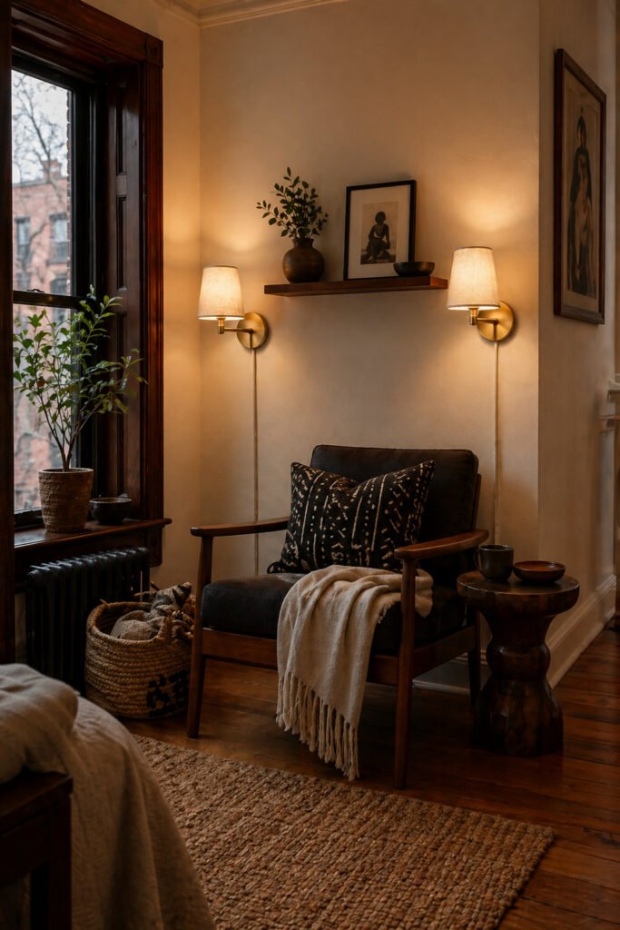 Cozy reading chair between warm wall sconces, wood window trim, plants, side table, and layered apartment textures.
