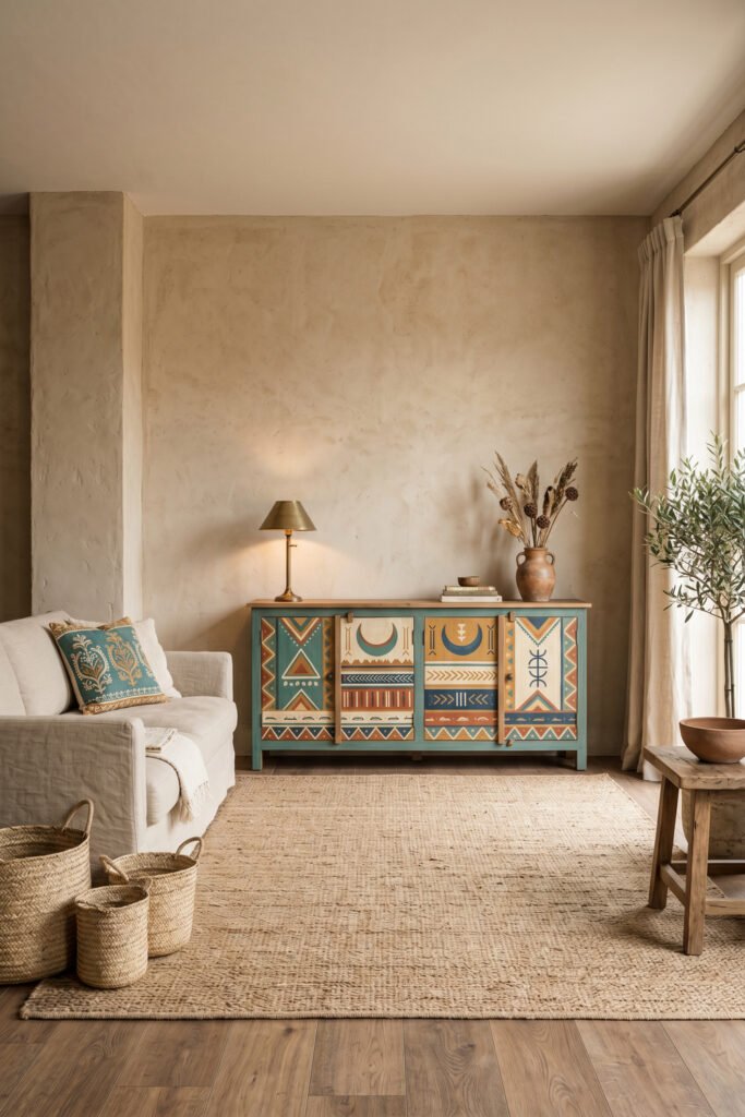 Colorful painted sideboard with geometric motifs, brass lamp, woven baskets, and neutral textiles adding artful character to a Nubian Style living room.
