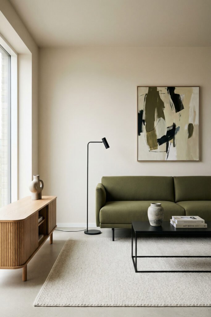 Olive Green Decor Ideas For A Layered Living Room 28 Minimal living room with an olive sofa, black floor lamp, black coffee table, abstract art, and light wood media console.