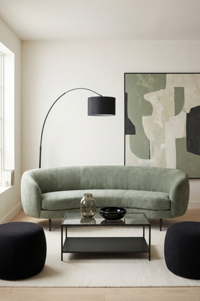 Sage Green And Black Living Room Ideas for a Layered Look 23 Modern living room with curved sage sofa, black arc lamp, black poufs, glass coffee table, and abstract art in a refined minimal scheme.