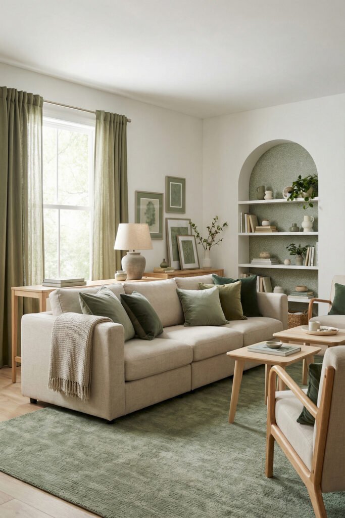 Sage Green Lounge Ideas for a Calm, Collected Living Room 29 Airy living room with cream sofa, sage velvet pillows, green curtains, arched built-in shelves, pale rug, and light wood furniture.
