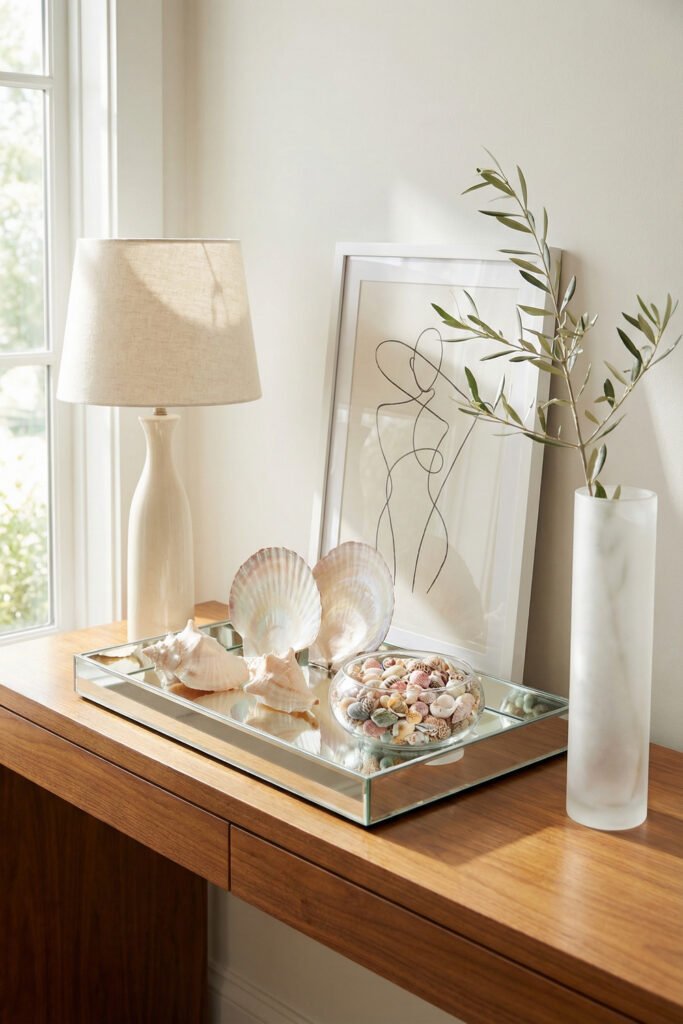 Mirrored tray styled with conch shells, scallops, and a bowl of small shells on a wood console beside lamp, art, and vase for a polished seashell display.
