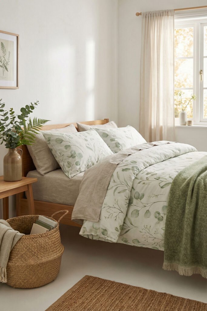 Spring Bedding Ideas for a Lighter, Fresher Bedroom 20 Light botanical bedding with sage leafy print, natural wood furniture, woven textures, and a green throw creates calm spring bedding inspiration.