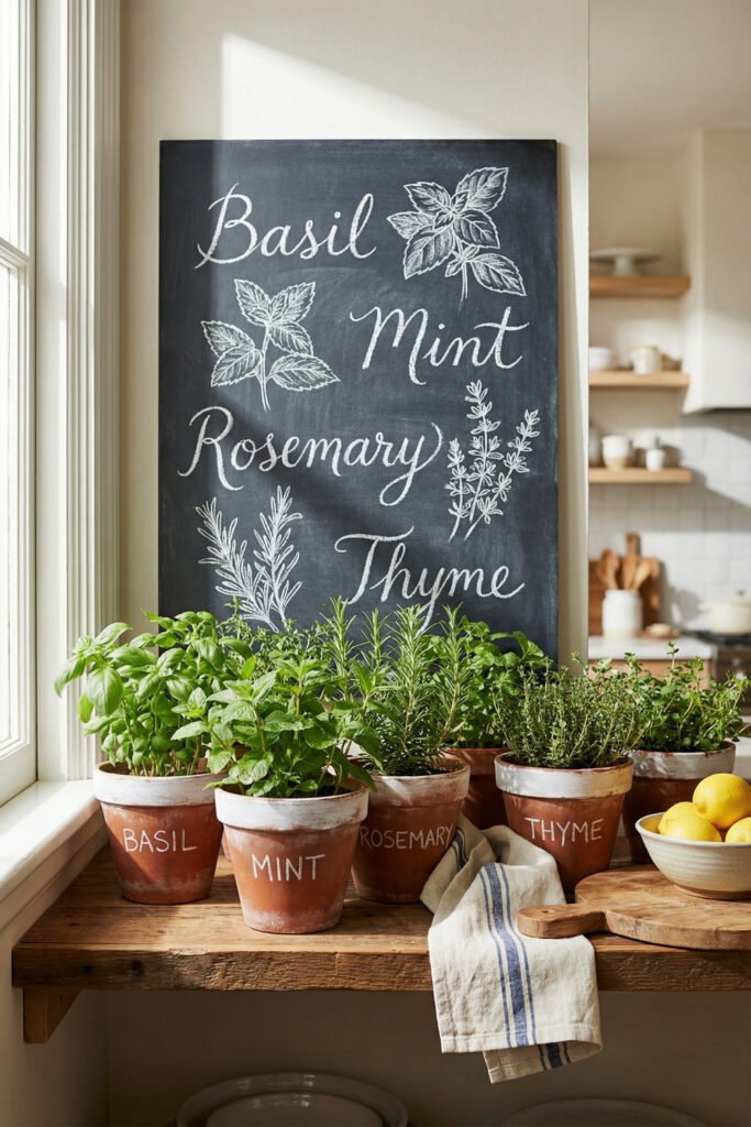 Spring Chalkboard Ideas That Feel Fresh and Easy to Style 19 Kitchen herb chalkboard labeled Basil, Mint, Rosemary, and Thyme behind potted herbs on a wooden table with lemons and linens.