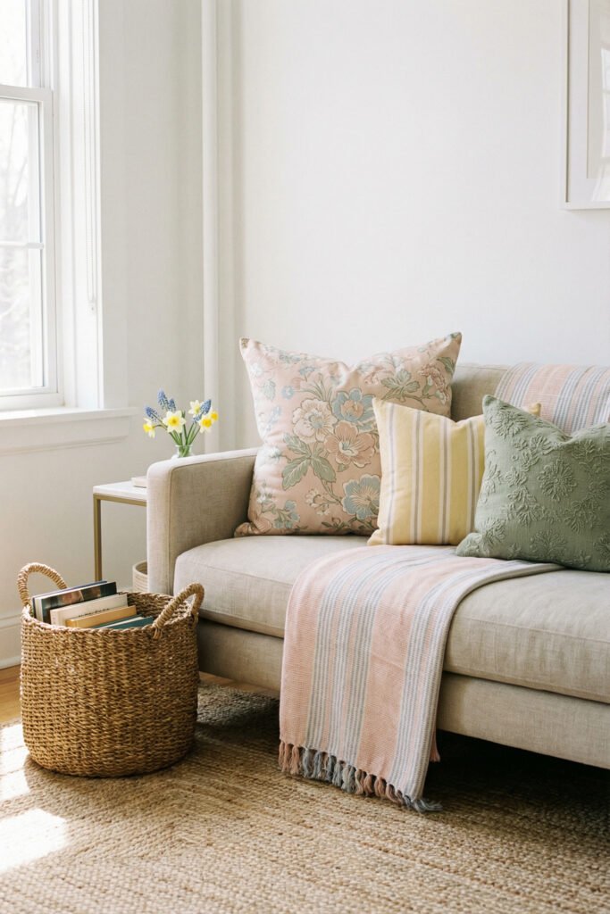 Beige sofa styled with floral and pastel pillows, striped throw, woven basket, and tiny spring blooms for cozy spring living room décor.
