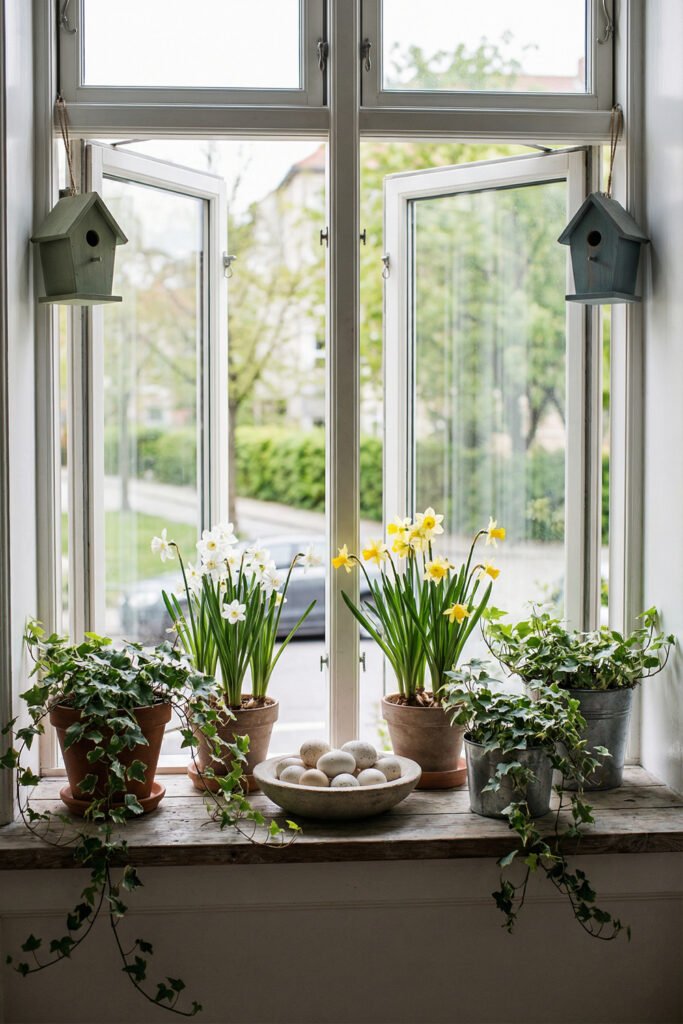 Spring Window Display Ideas For A Light-Filled Season 15 Open casement spring window display with potted daffodils, trailing ivy, birdhouses, and a bowl of eggs on a rustic sill.