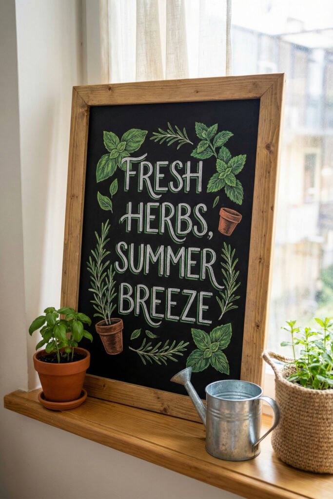 Summer Chalkboard Ideas That Brighten Every Corner 25 Chalkboard sign reading Fresh Herbs, Summer Breeze with basil and rosemary drawings on a windowsill beside potted herbs and a watering can.